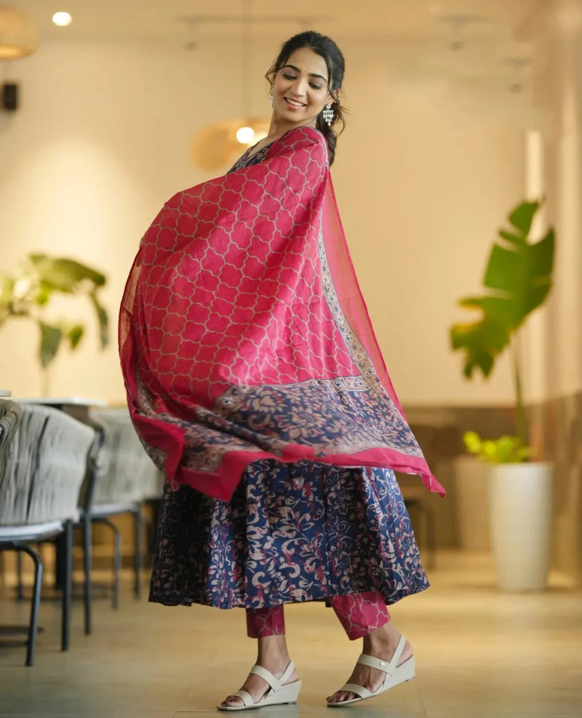 Women's Navy Blue Floral Printed Rayon Kurti Pant & Pink Dupatta Set | Elegant 3 Piece Ethnic Wear