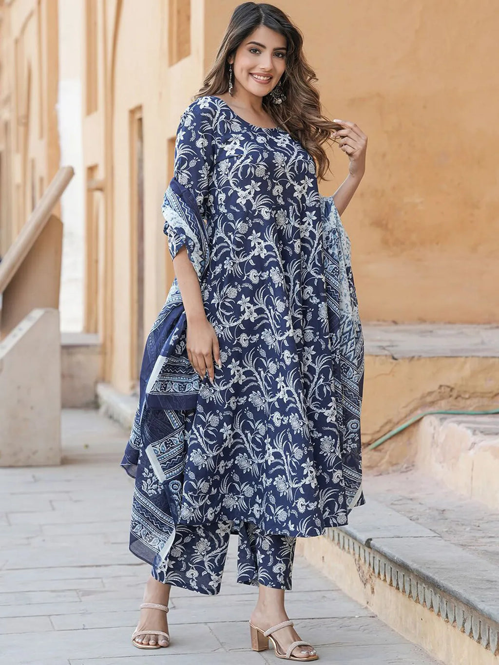 Women's Navy Blue Rayon Printed Kurta Pant & Dupatta Set | Floral Printed Ethnic Suit Set | Regular Fit | Casual, Office & Festive Wear