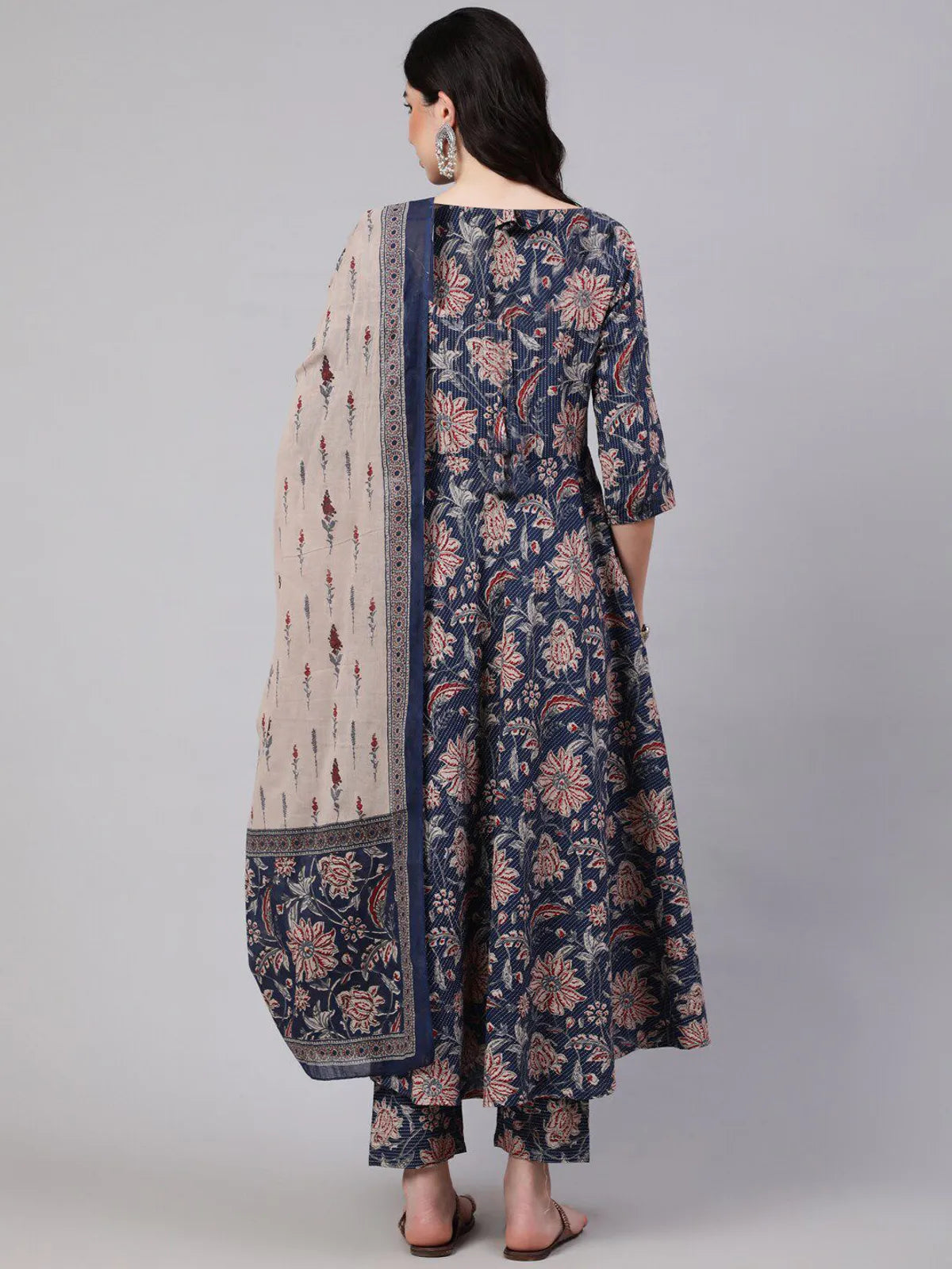 Women's Elegant Navy Blue Floral Printed Rayon Kurti Pant & Dupatta Set | 3 Piece Ethnic Suit