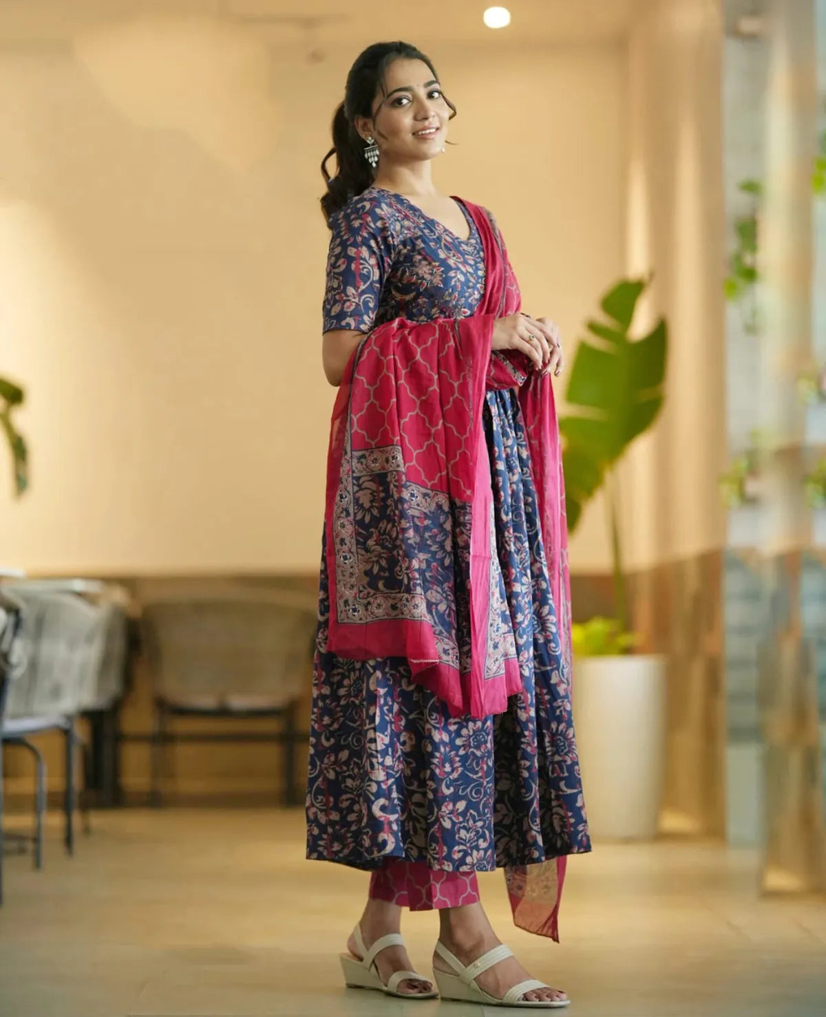 Women's Navy Blue Floral Printed Rayon Kurti Pant & Pink Dupatta Set | Elegant 3 Piece Ethnic Wear