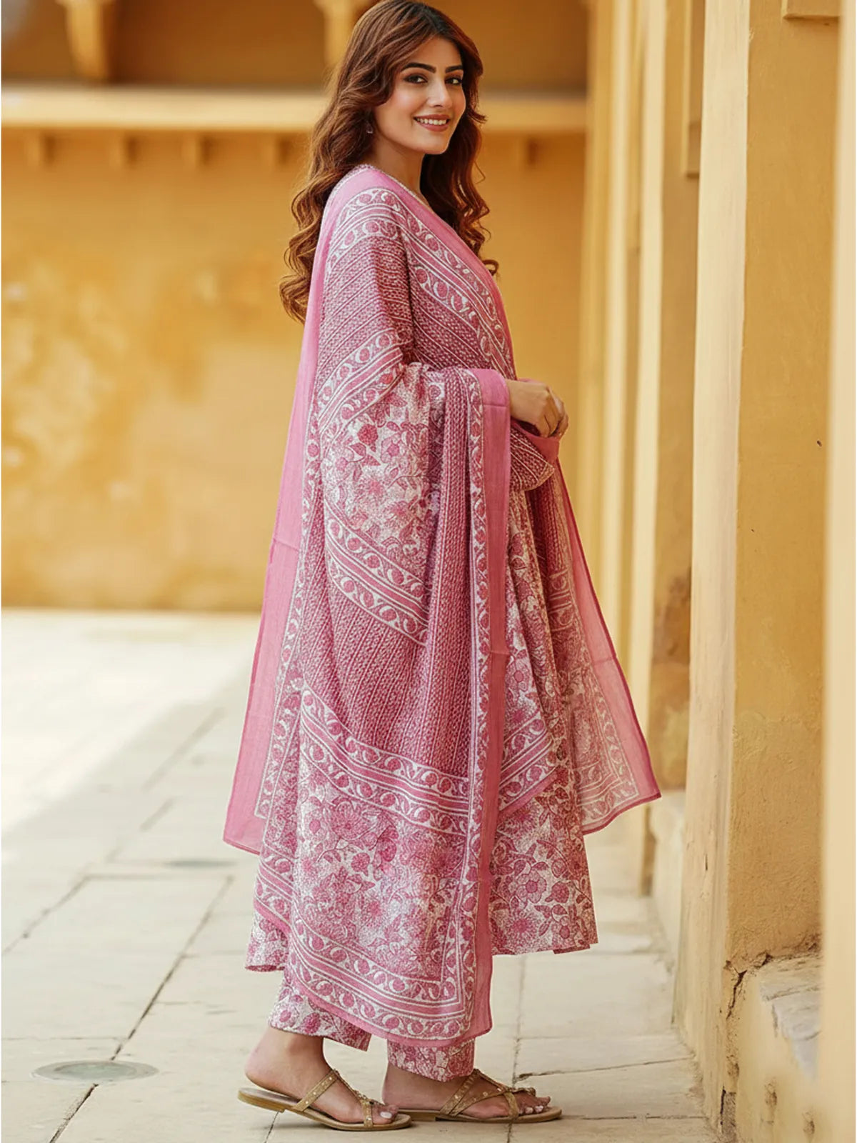 Elegant Pink Floral Printed Rayon Kurta Set with Pant & Printed Dupatta