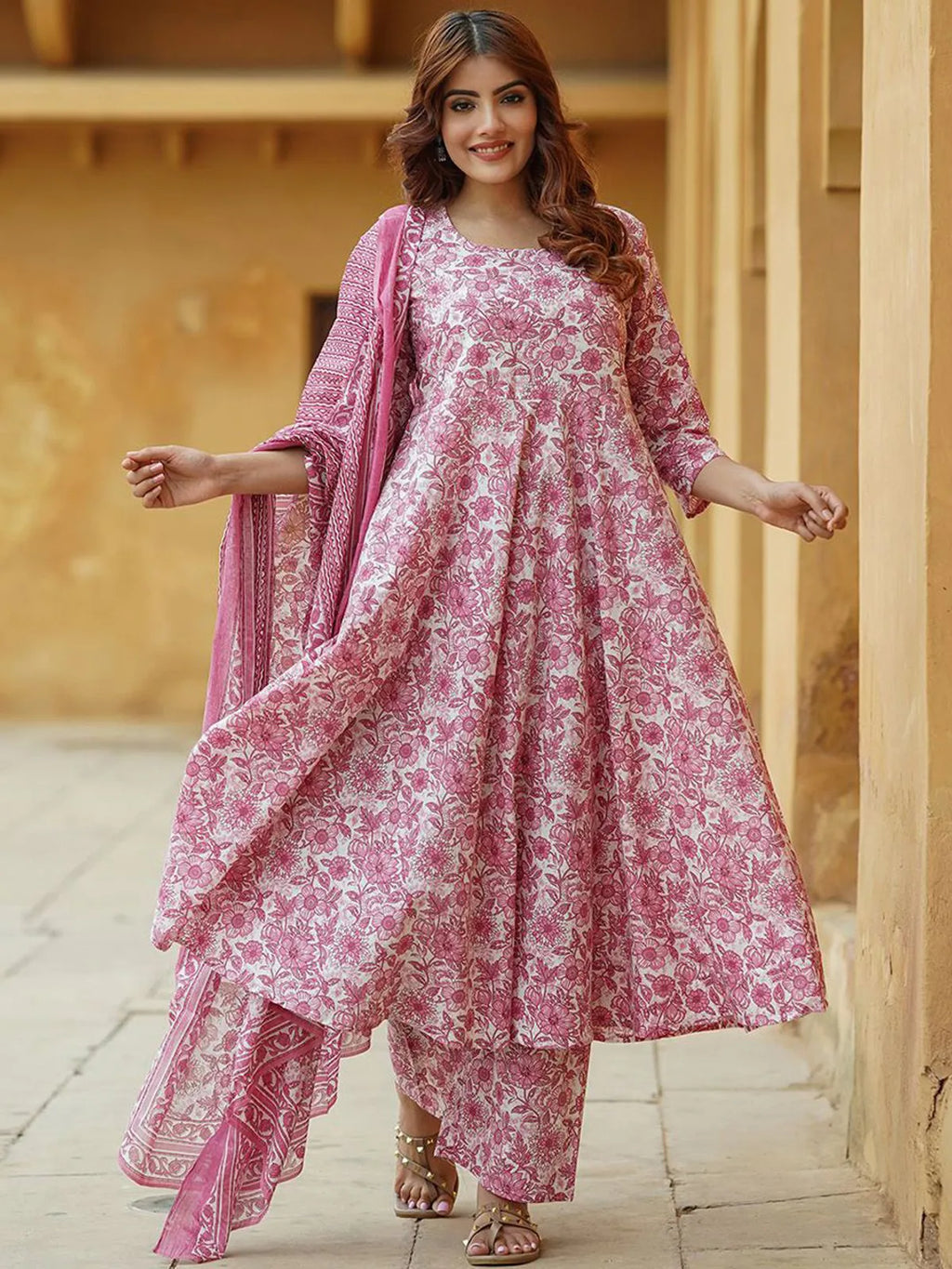 Elegant Pink Floral Printed Rayon Kurta Set with Pant & Printed Dupatta