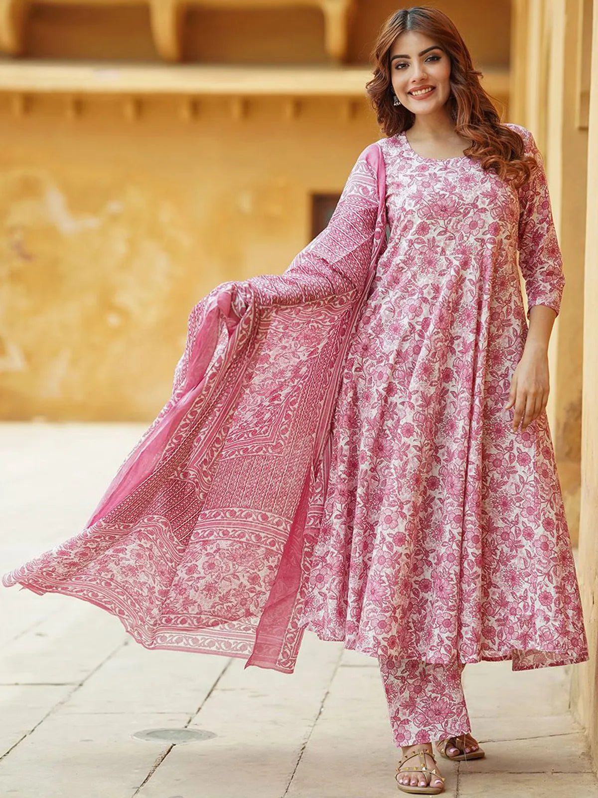 Elegant Pink Floral Printed Rayon Kurta Set with Pant & Printed Dupatta