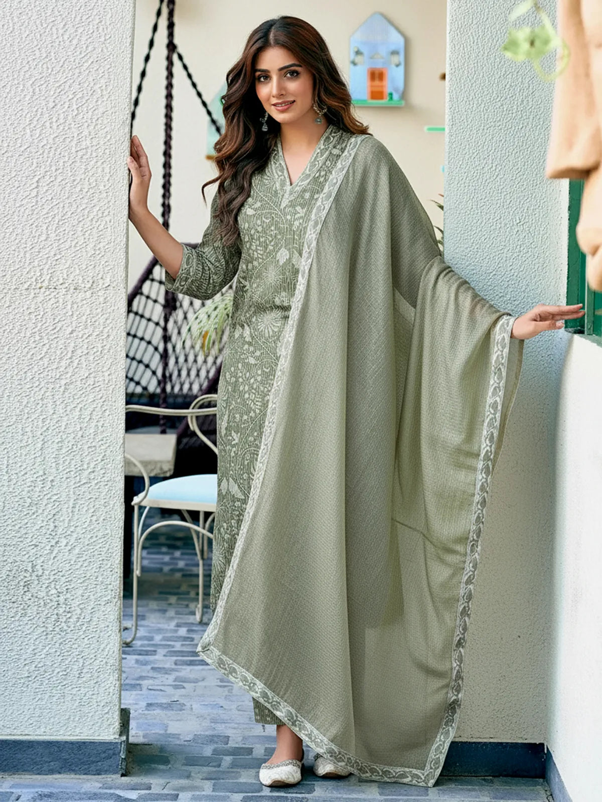 Elegant Pista Green Printed Rayon Kurta Pant & Dupatta Set