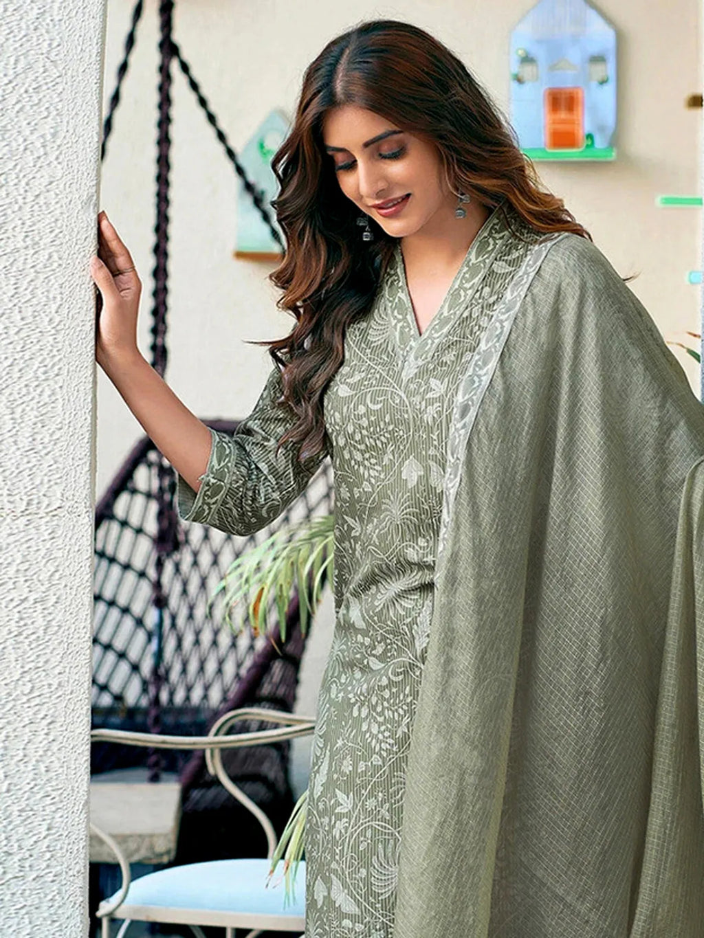 Elegant Pista Green Printed Rayon Kurta Pant & Dupatta Set