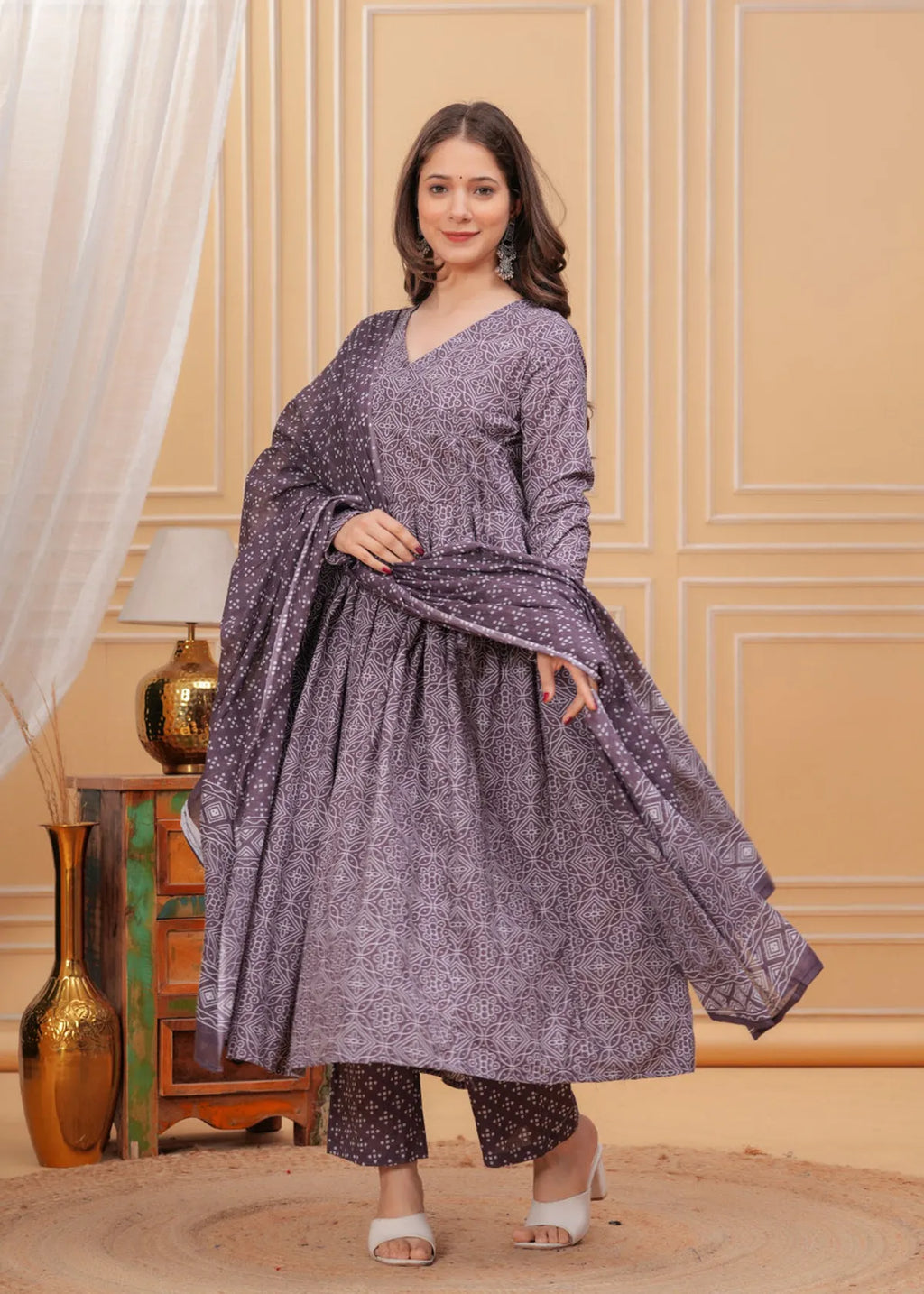 Women's Purple Rayon Printed Kurti Pant & Dupatta Set | Ethnic 3 Piece Suit Set