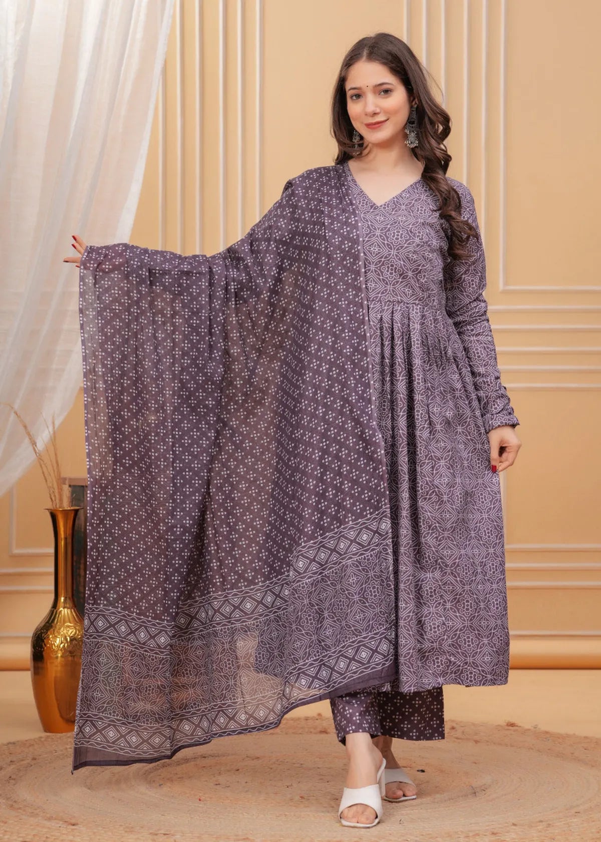 Women's Purple Rayon Printed Kurti Pant & Dupatta Set | Ethnic 3 Piece Suit Set