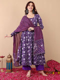 Women's Purple Rayon Printed Kurta Pant & Dupatta Set | Floral Ethnic Printed Kurti Set | Regular Fit | Festive, Casual & Office Wear
