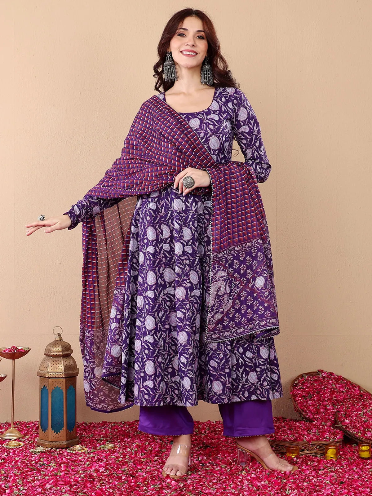 Women's Purple Rayon Printed Kurta Pant & Dupatta Set | Floral Ethnic Printed Kurti Set | Regular Fit | Festive, Casual & Office Wear