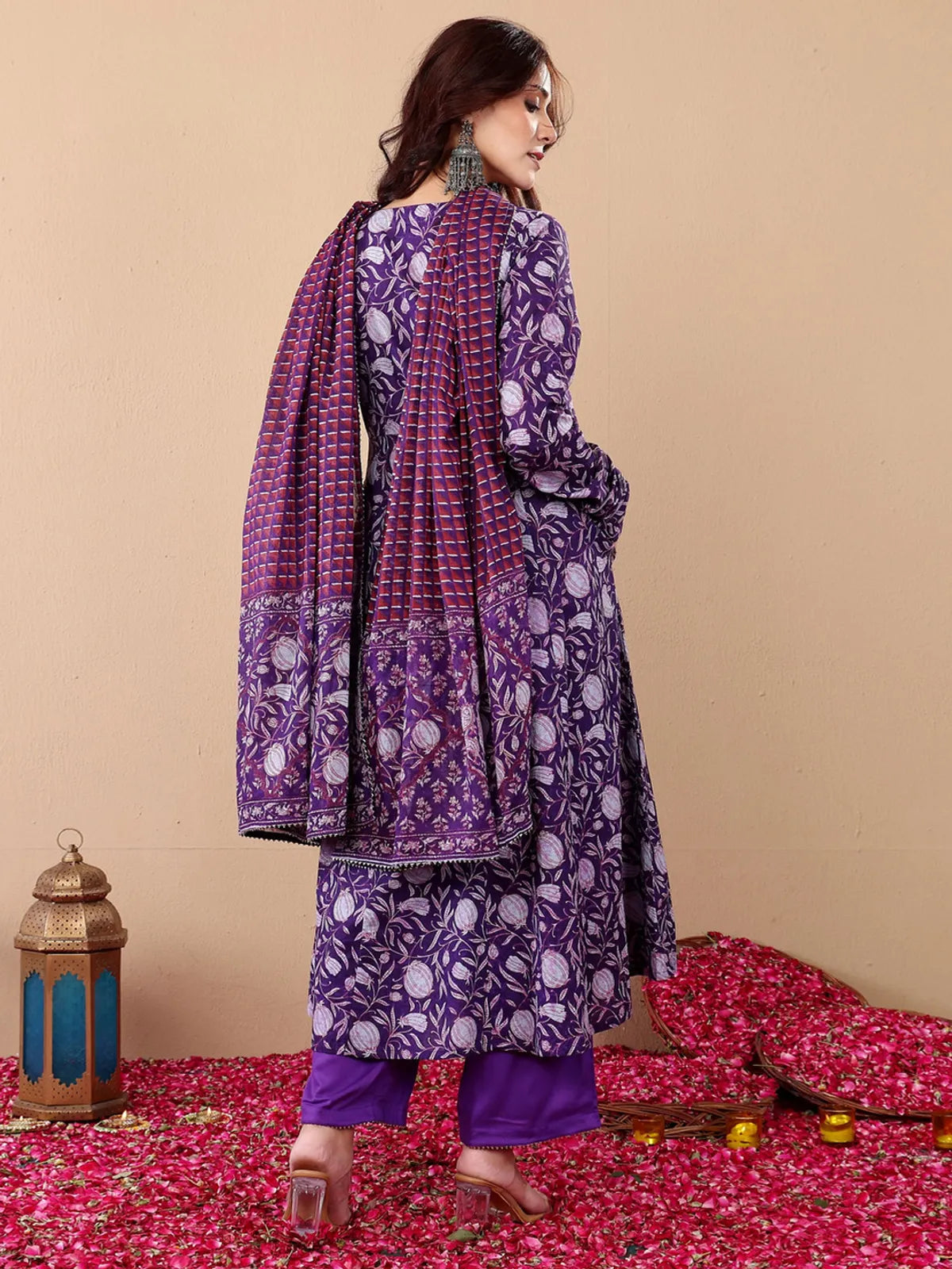 Women's Purple Rayon Printed Kurta Pant & Dupatta Set | Floral Ethnic Printed Kurti Set | Regular Fit | Festive, Casual & Office Wear