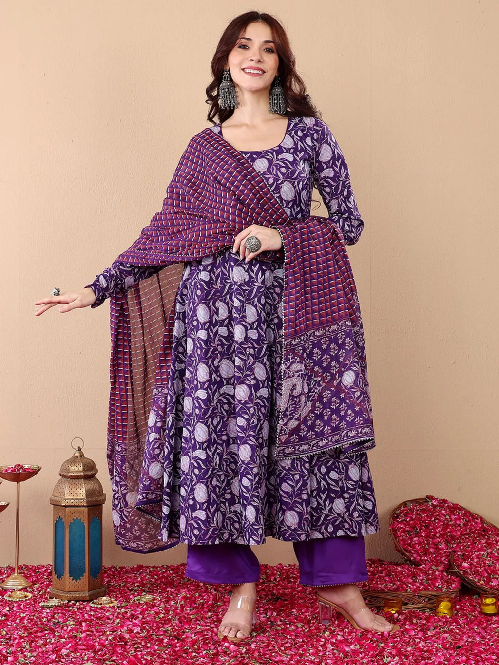 Women's Purple Rayon Printed Kurta Pant & Dupatta Set | Floral Ethnic Printed Kurti Set | Regular Fit | Festive, Casual & Office Wear