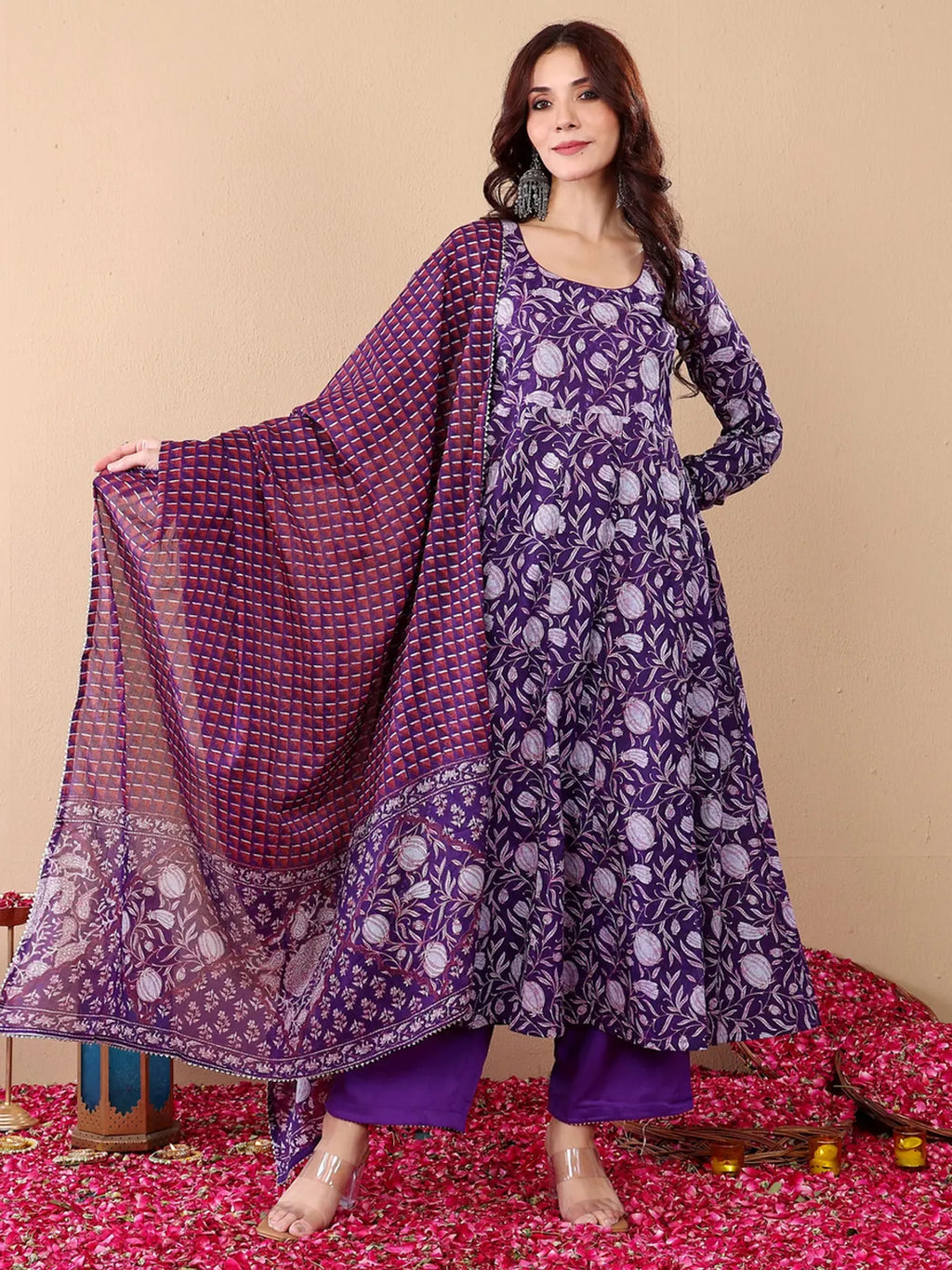 Women's Purple Rayon Printed Kurta Pant & Dupatta Set | Floral Ethnic Printed Kurti Set | Regular Fit | Festive, Casual & Office Wear