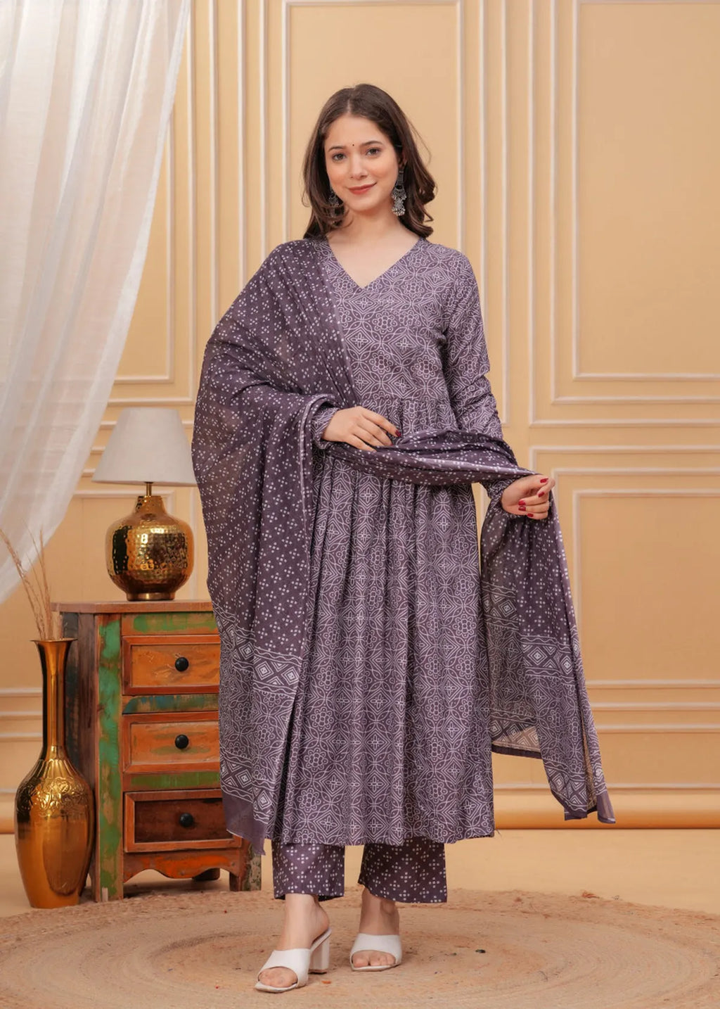 Women's Purple Rayon Printed Kurti Pant & Dupatta Set | Ethnic 3 Piece Suit Set
