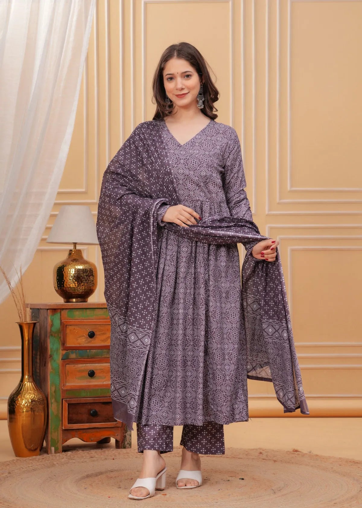 Women's Purple Rayon Printed Kurti Pant & Dupatta Set | Ethnic 3 Piece Suit Set