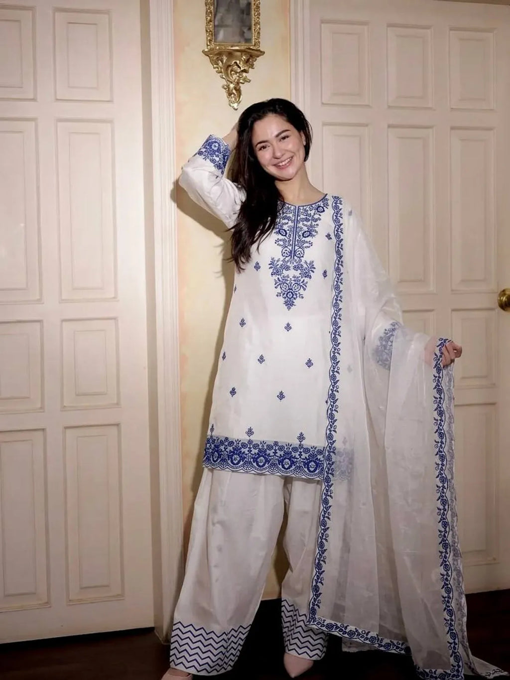 Elegant White Rayon Cotton Embroidered Farshi Suit Set with Dupatta