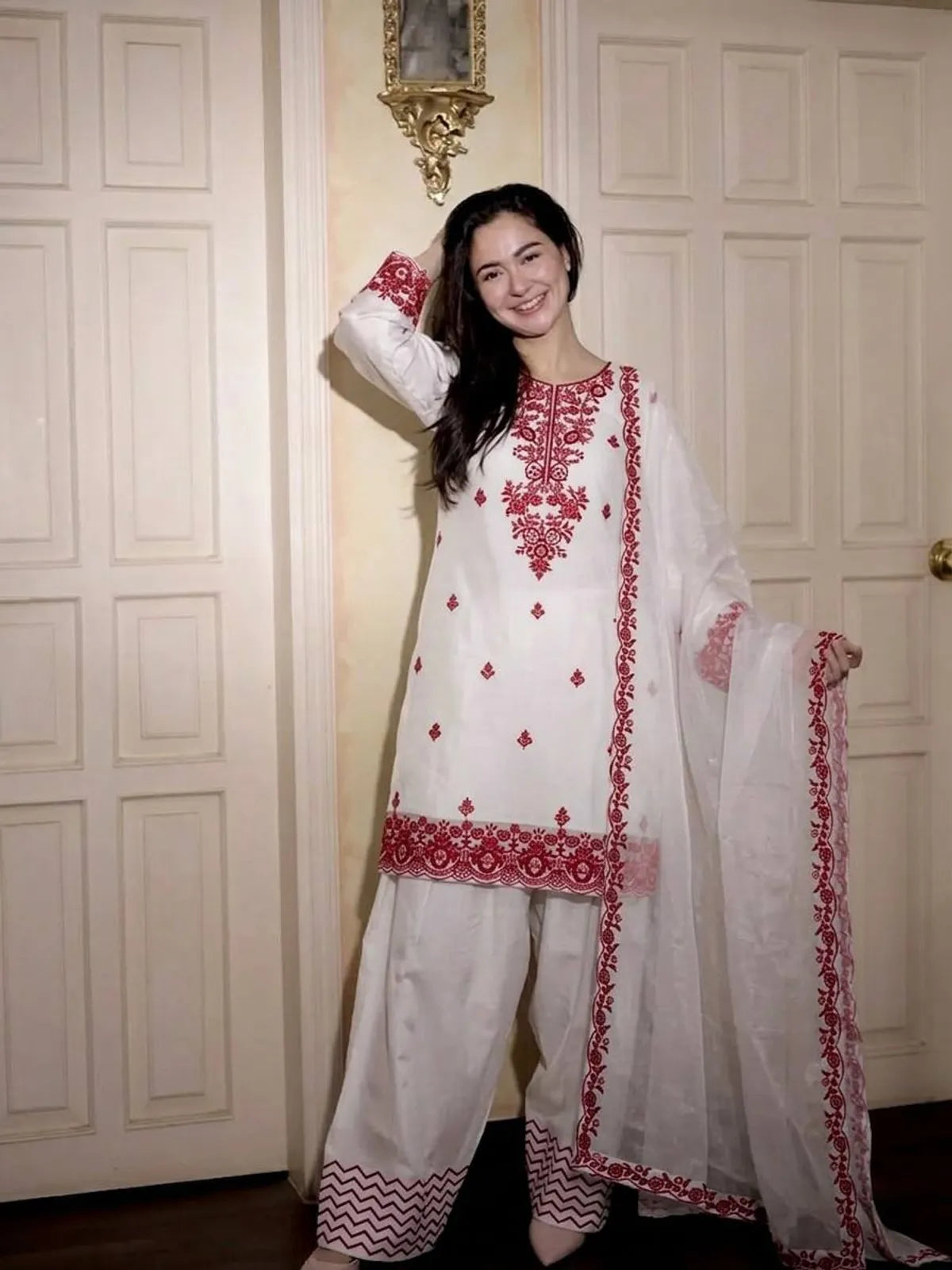Elegant White Rayon Cotton Embroidered Farshi Suit Set with Dupatta