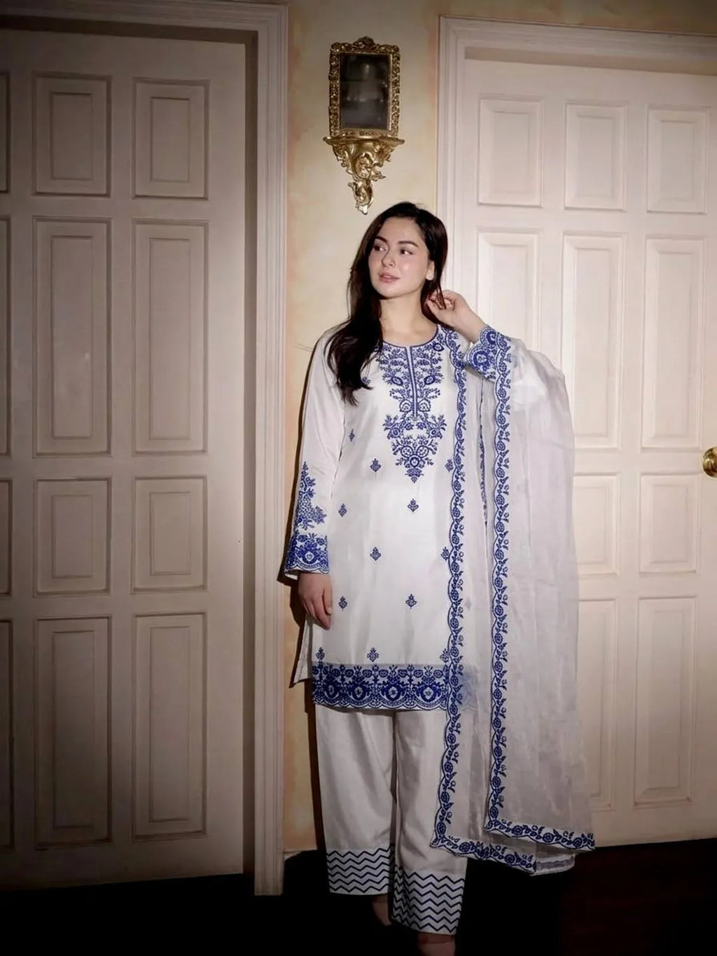 Elegant White Rayon Cotton Embroidered Farshi Suit Set with Dupatta