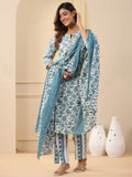 Elegant White & Teal Floral Printed Rayon Kurta Pant & Dupatta Set