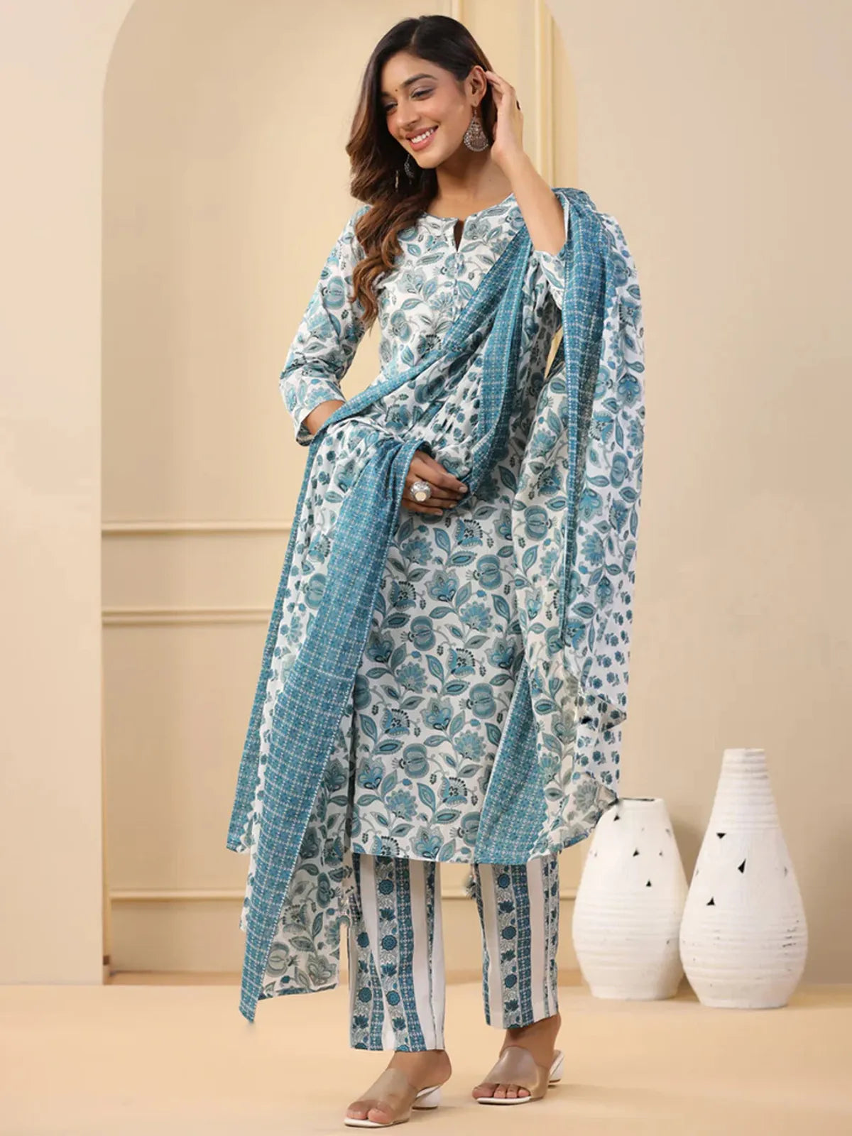 Elegant White & Teal Floral Printed Rayon Kurta Pant & Dupatta Set