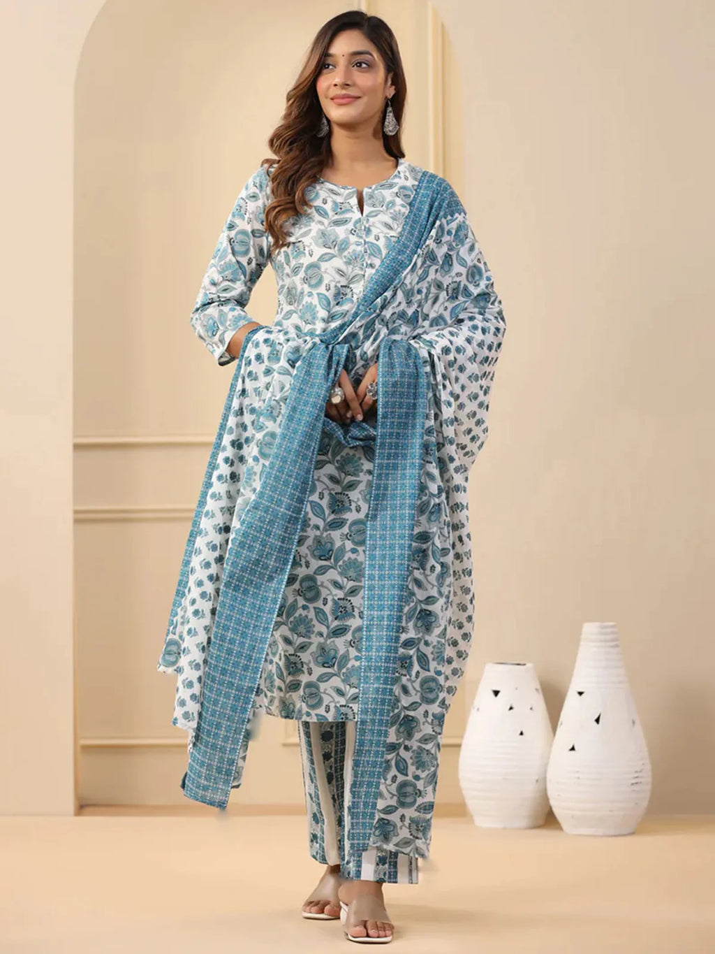 Elegant White & Teal Floral Printed Rayon Kurta Pant & Dupatta Set