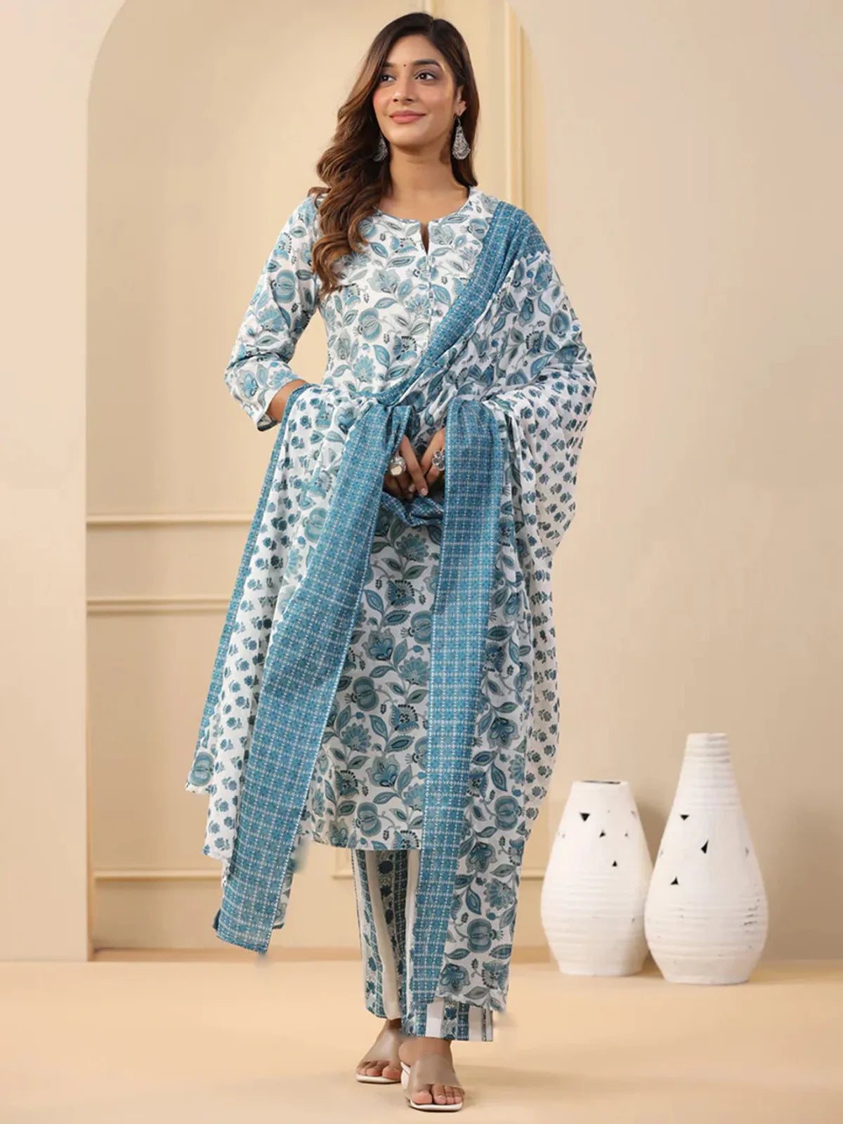 Elegant White & Teal Floral Printed Rayon Kurta Pant & Dupatta Set