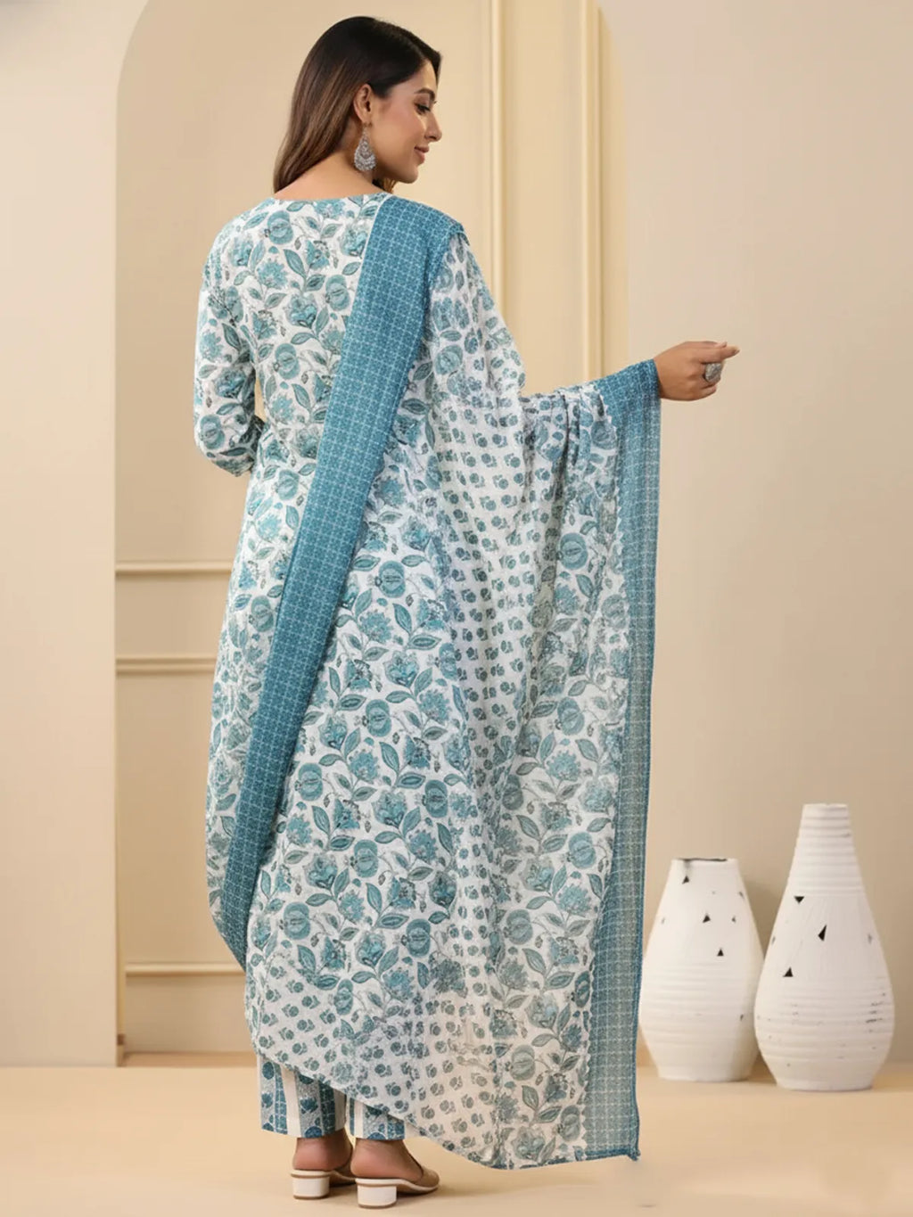 Elegant White & Teal Floral Printed Rayon Kurta Pant & Dupatta Set