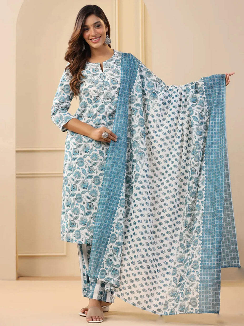 Elegant White & Teal Floral Printed Rayon Kurta Pant & Dupatta Set