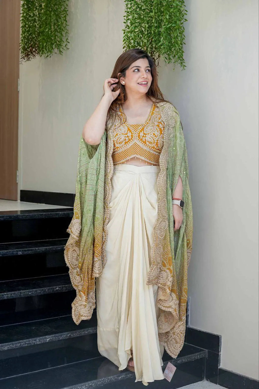 Teal Blue Bandhani IndoWestern Dhoti Set with Heavy Embroidered Blouse & Designer Drape