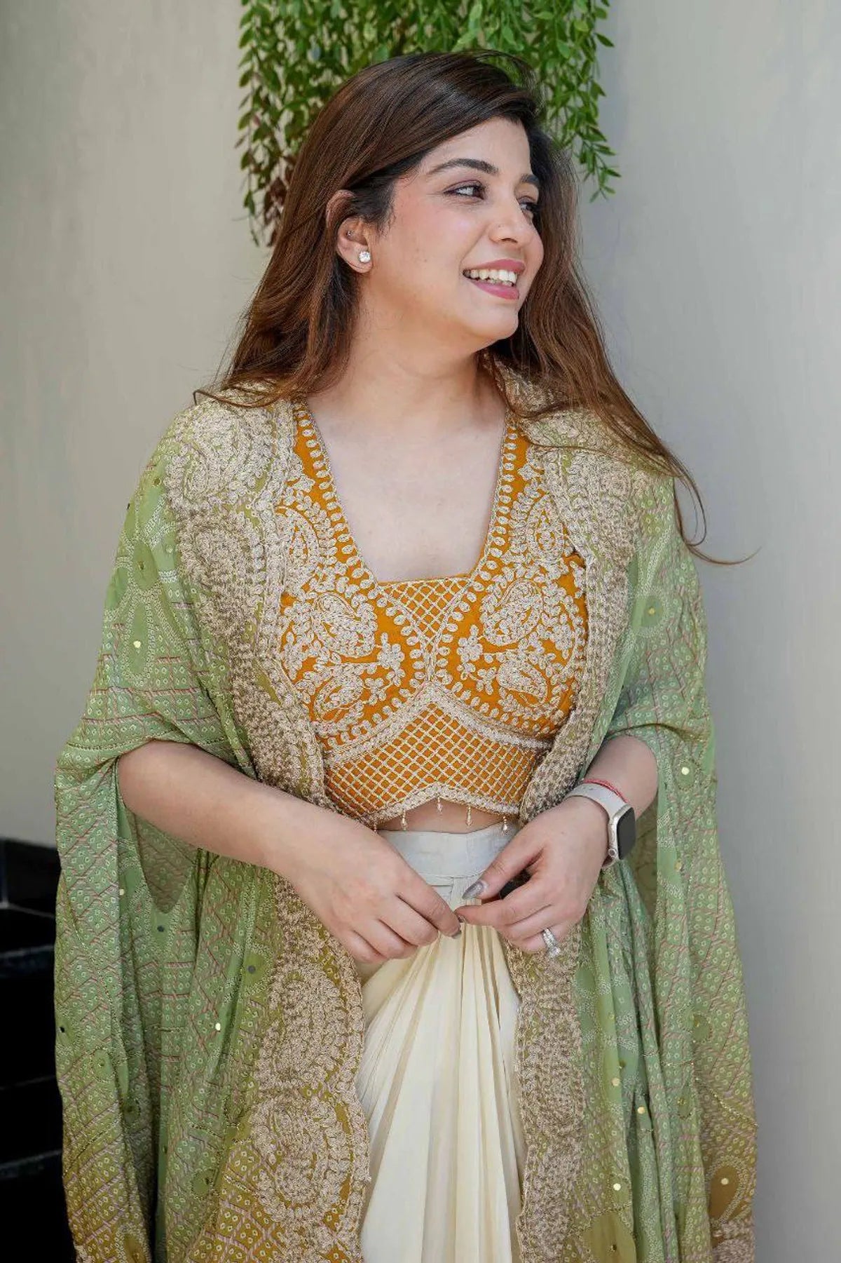 Teal Blue Bandhani IndoWestern Dhoti Set with Heavy Embroidered Blouse & Designer Drape
