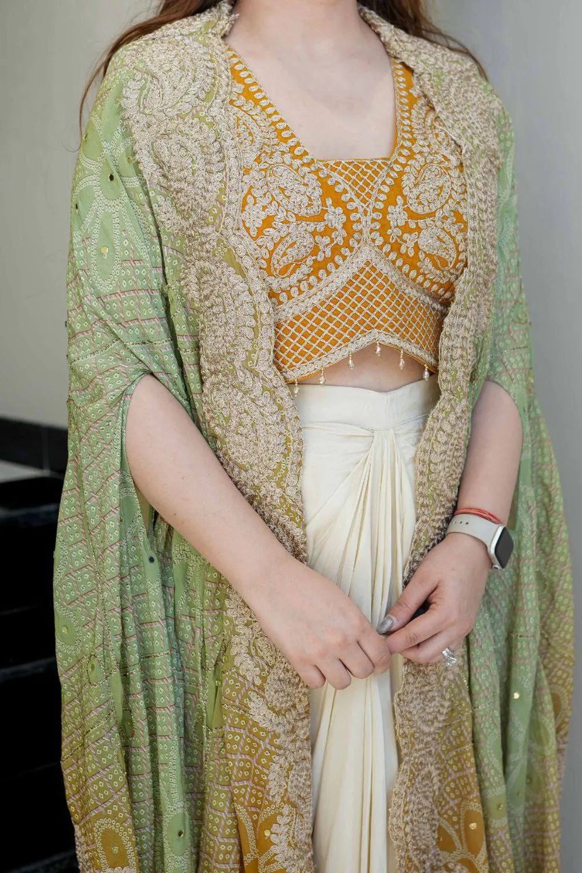 Teal Blue Bandhani IndoWestern Dhoti Set with Heavy Embroidered Blouse & Designer Drape
