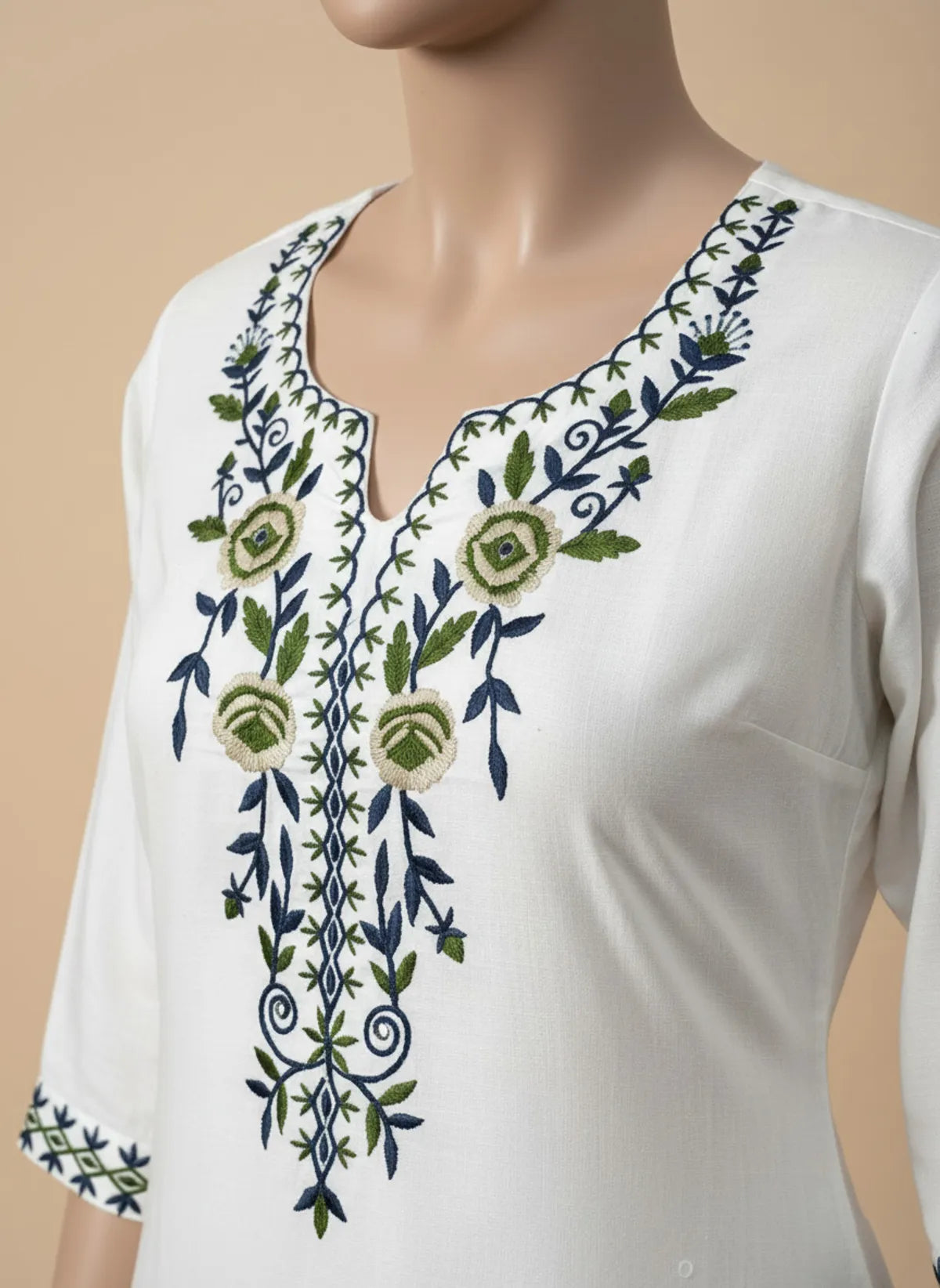 Ivory Khadi Cotton Embroidered Kurta Pant Set with Bhagalpuri Printed Dupatta