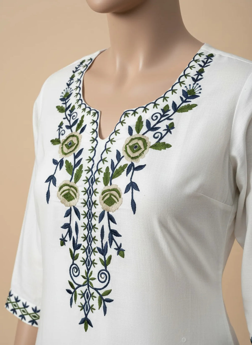 Ivory Khadi Cotton Embroidered Kurti Pant Set with Printed Dupatta for Women | Casual & Ethnic Wear