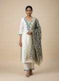 Ivory Khadi Cotton Embroidered Kurta Pant Set with Bhagalpuri Printed Dupatta
