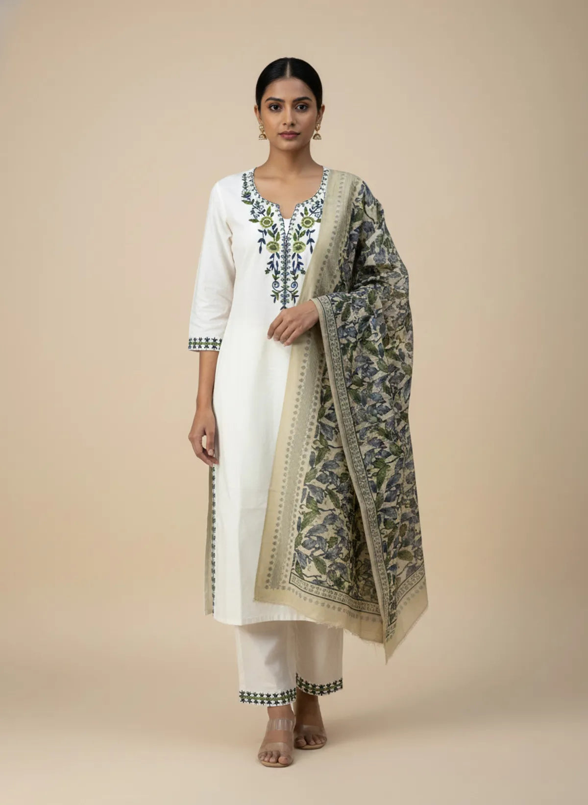 Ivory Khadi Cotton Embroidered Kurta Pant Set with Bhagalpuri Printed Dupatta