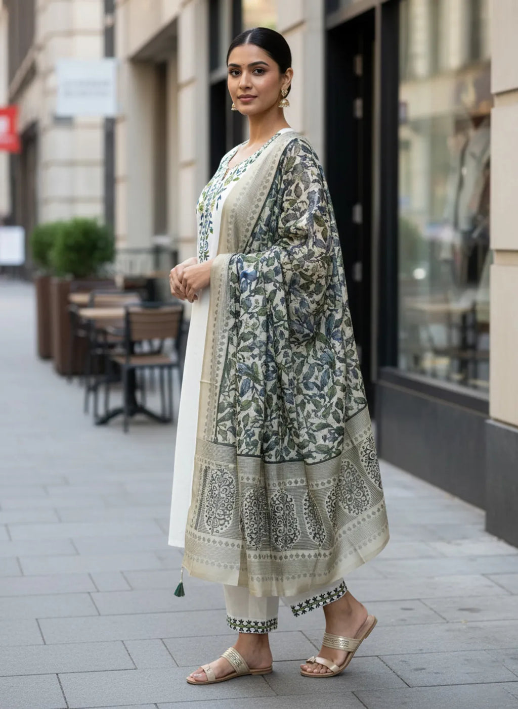 Ivory Khadi Cotton Embroidered Kurta Pant Set with Bhagalpuri Printed Dupatta
