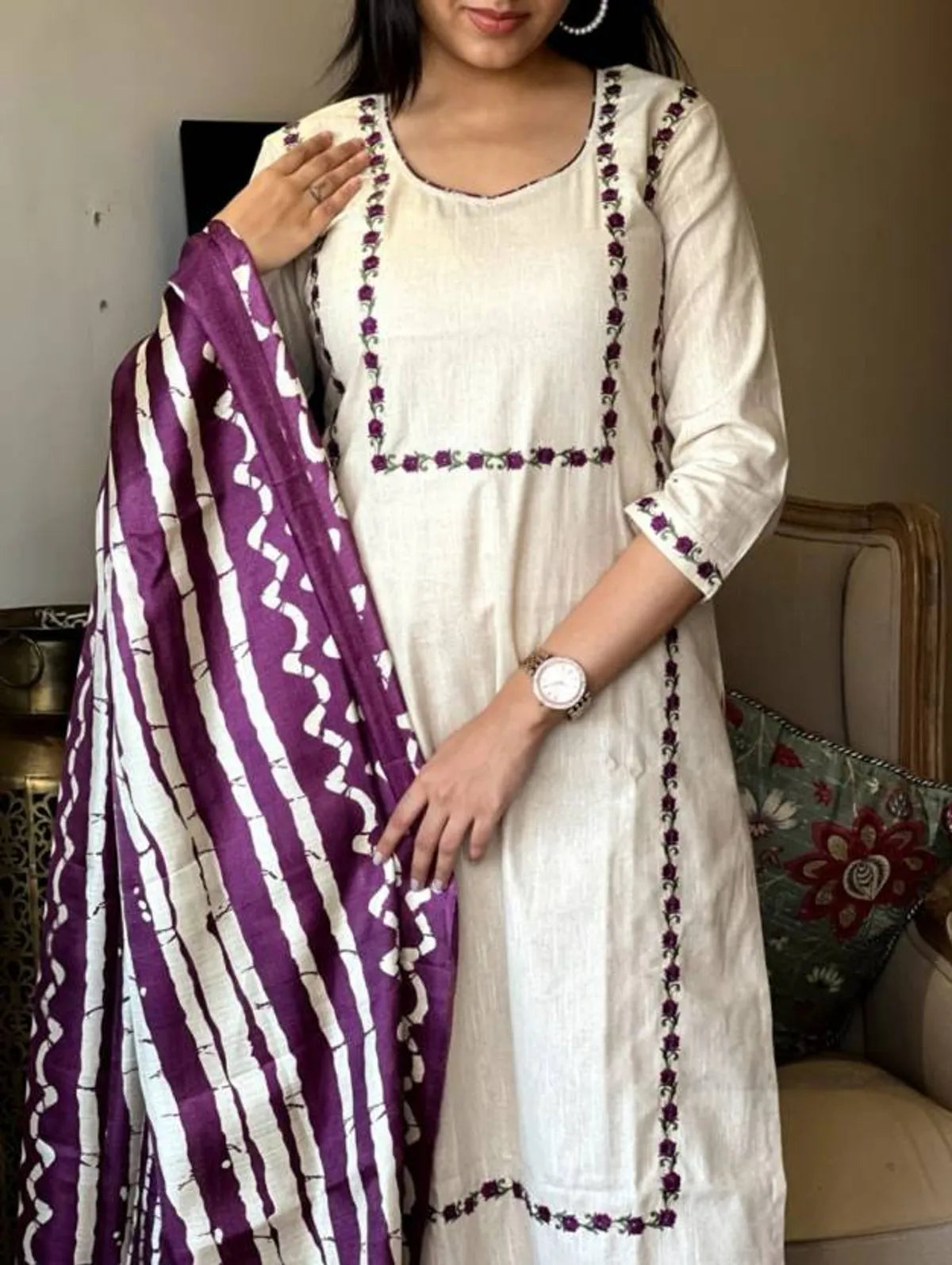 Ivory Khadi Cotton Thread Embroidered Kurta Set with Pant & Printed Dupatta