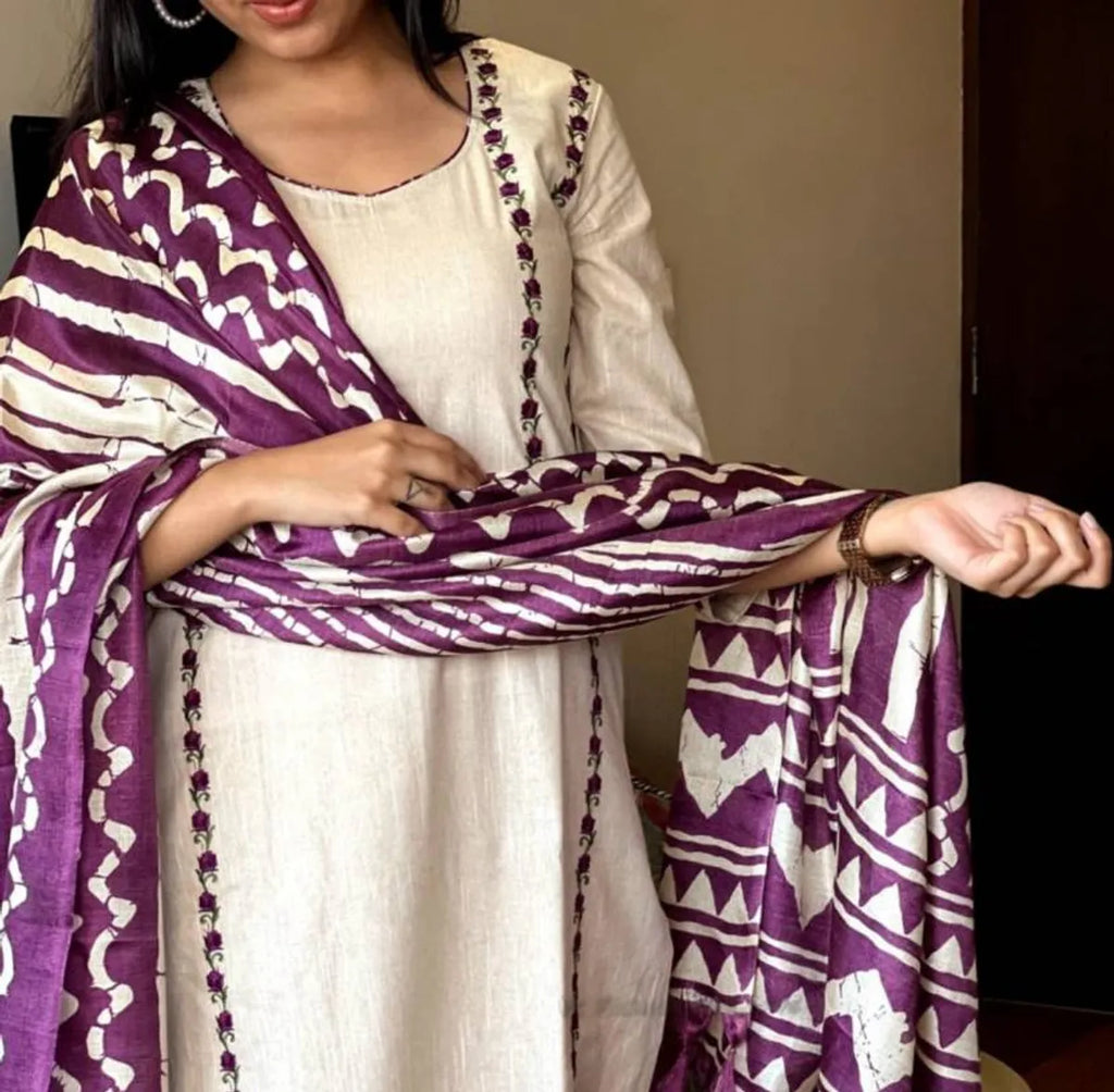 Ivory Khadi Cotton Thread Embroidered Kurta Set with Pant & Printed Dupatta