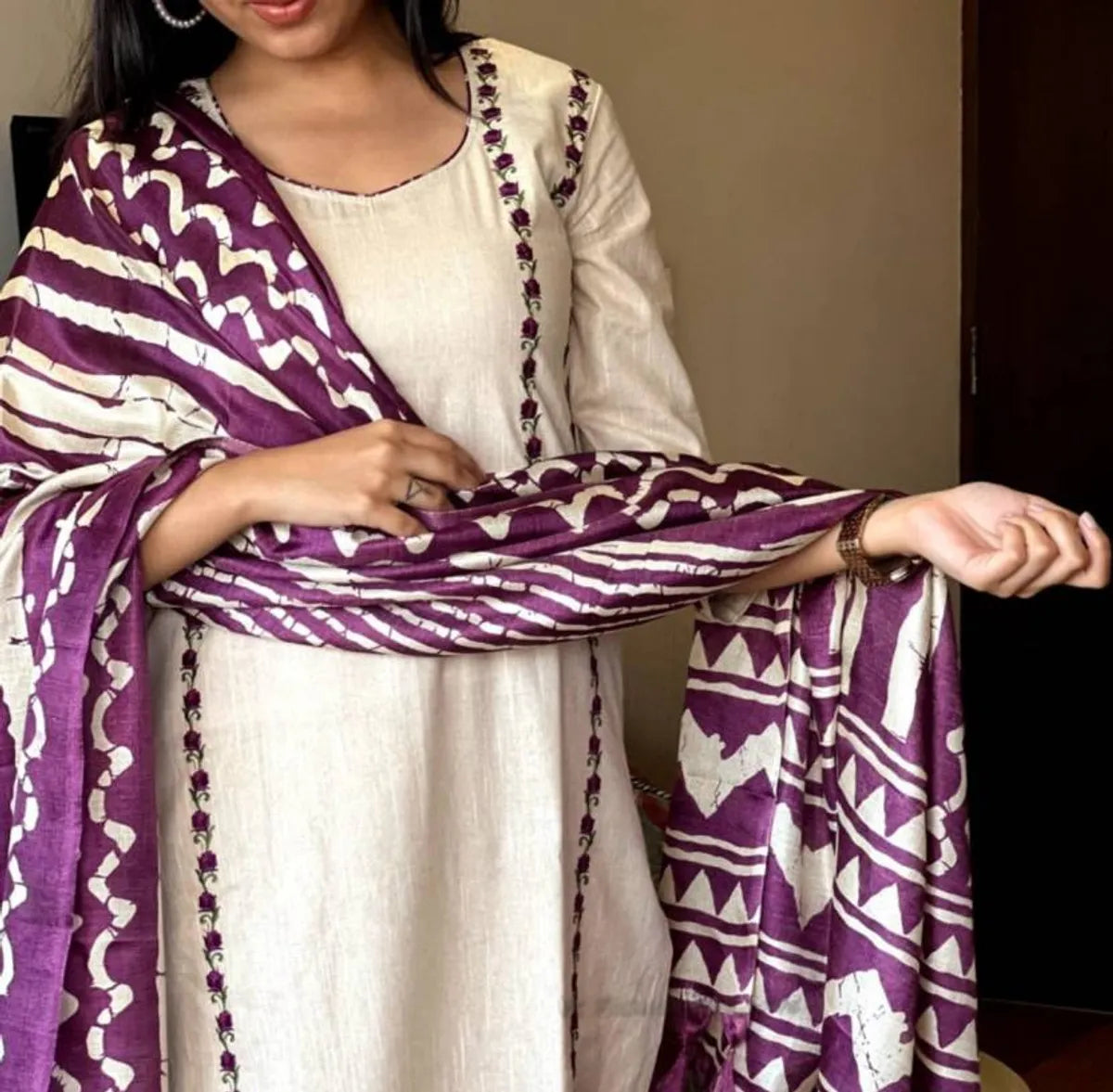 Ivory Khadi Cotton Thread Embroidered Kurta Set with Pant & Printed Dupatta
