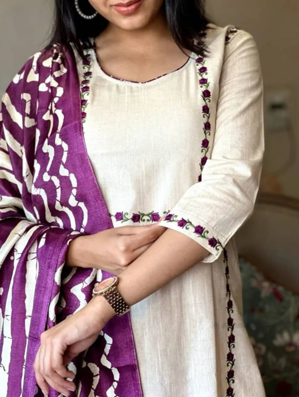 Ivory Khadi Cotton Thread Embroidered Kurta Set with Pant & Printed Dupatta