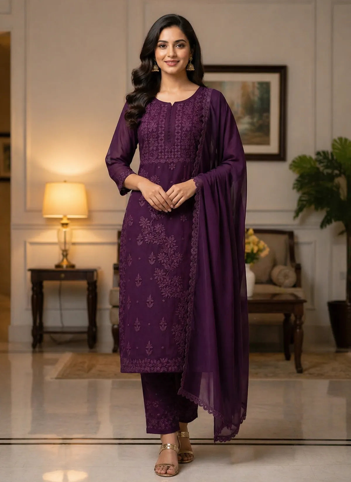 Chikankari Embroidered Kurta Set with Dupatta for Women