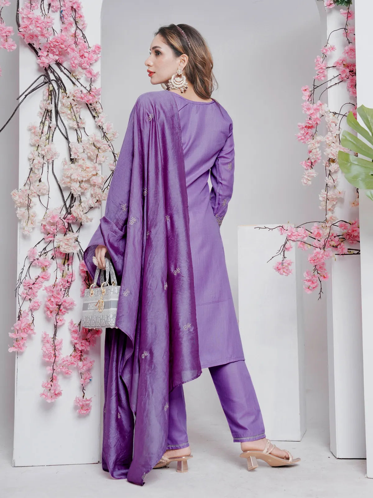 Lavender Elegance Embroidered Rayon Kurta Pant & Dupatta Set