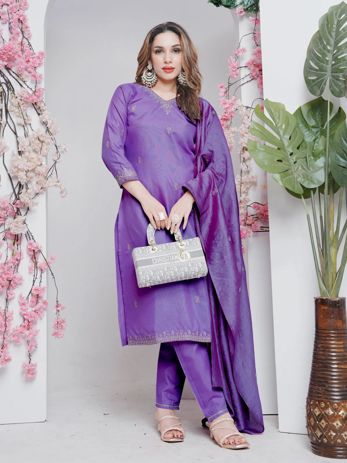 Lavender Elegance Embroidered Rayon Kurta Pant & Dupatta Set