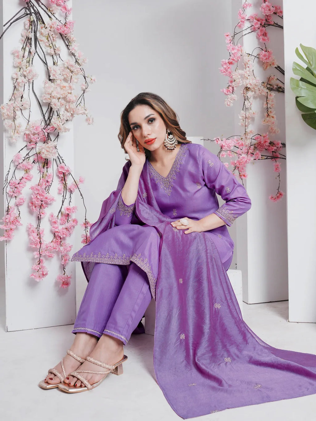 Lavender Elegance Embroidered Rayon Kurta Pant & Dupatta Set