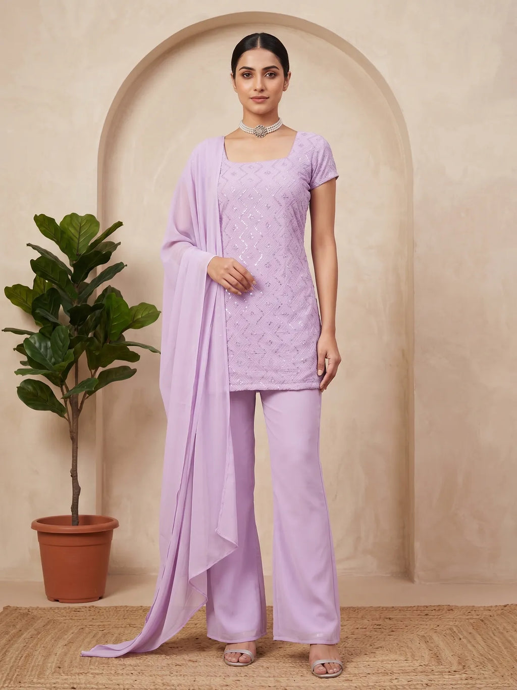 Designer Faux Georgette Boot Cut Suit Set with Dupatta