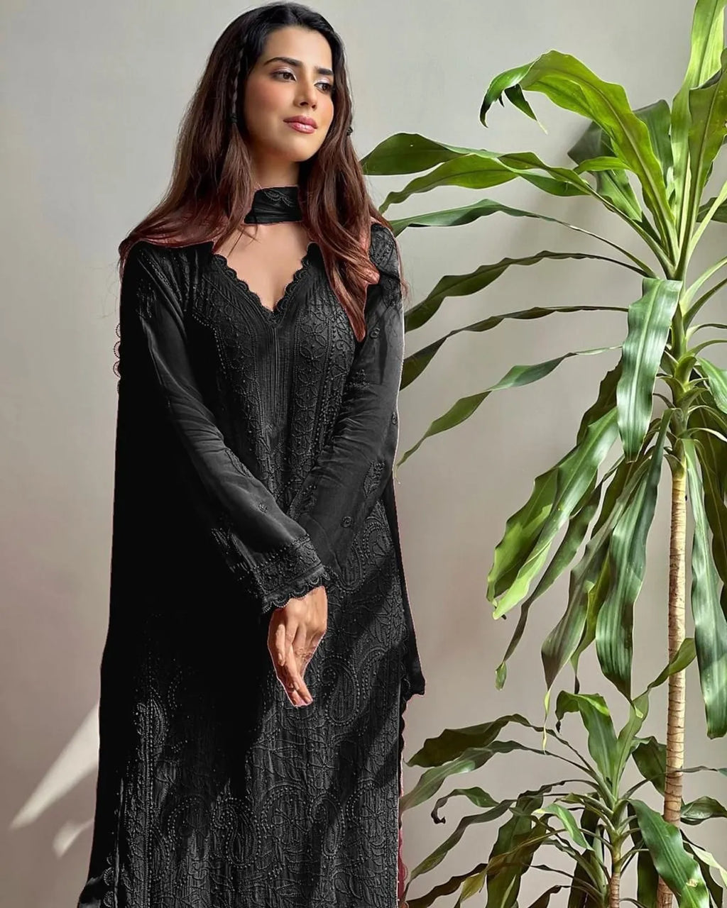 Black Georgette Chikankari Embroidered Kurta Pant & Dupatta Set for Women | Elegant Ethnic Wear