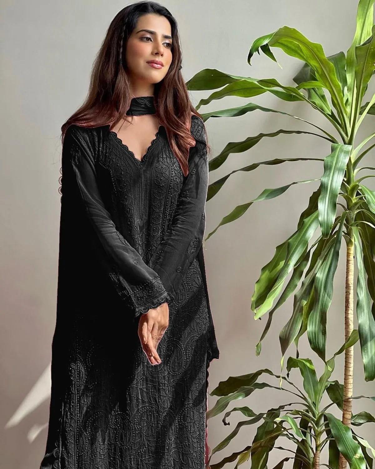 Black Georgette Chikankari Embroidered Kurta Pant & Dupatta Set for Women | Elegant Ethnic Wear
