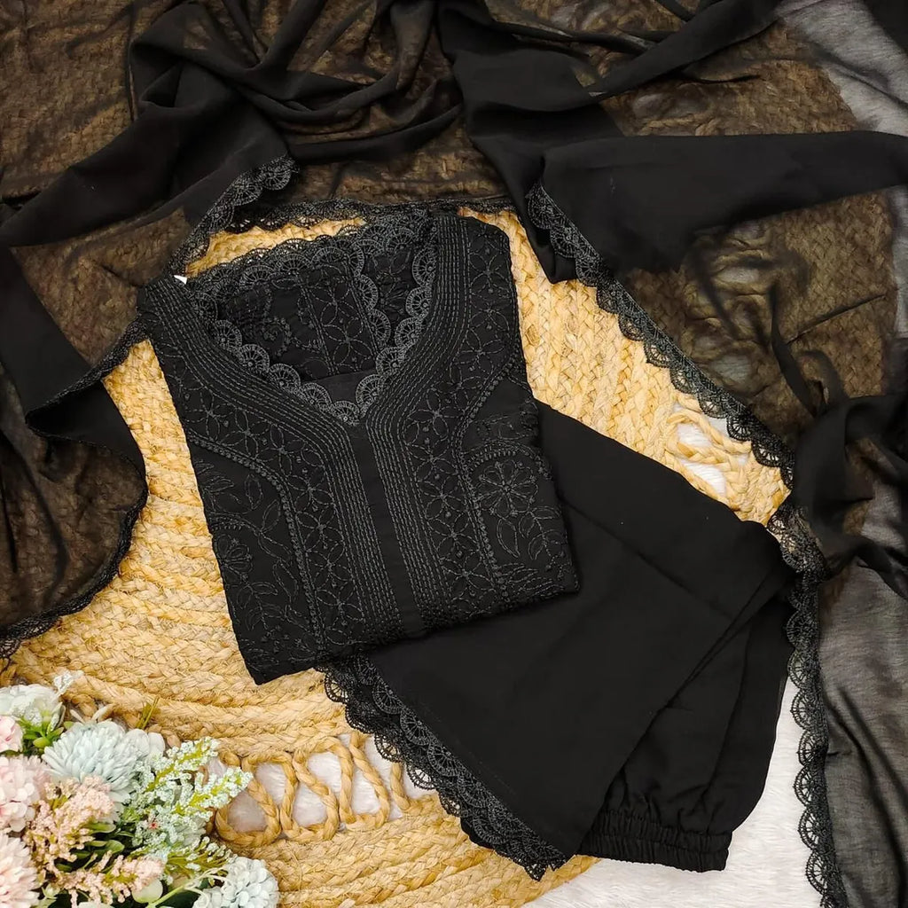 Black Georgette Chikankari Embroidered Kurta Pant & Dupatta Set for Women | Elegant Ethnic Wear