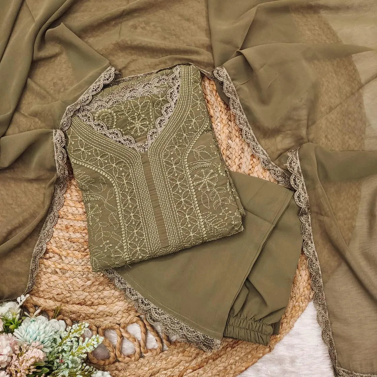 Brown Georgette Chikankari Embroidered Kurta Pant & Dupatta Set for Women | Elegant Ethnic Wear