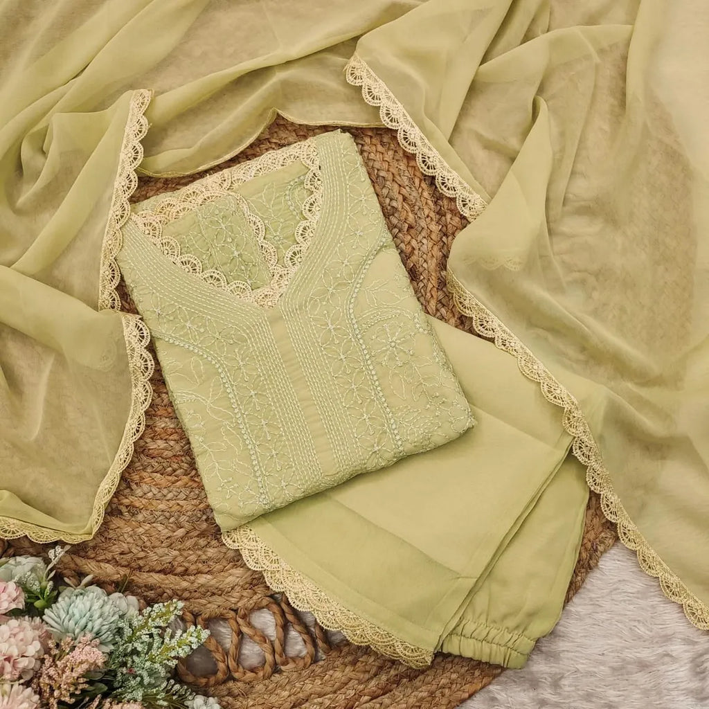 Pastel Lime Georgette Chikankari Embroidered Kurta Pant & Dupatta Set for Women | Elegant Ethnic Wear