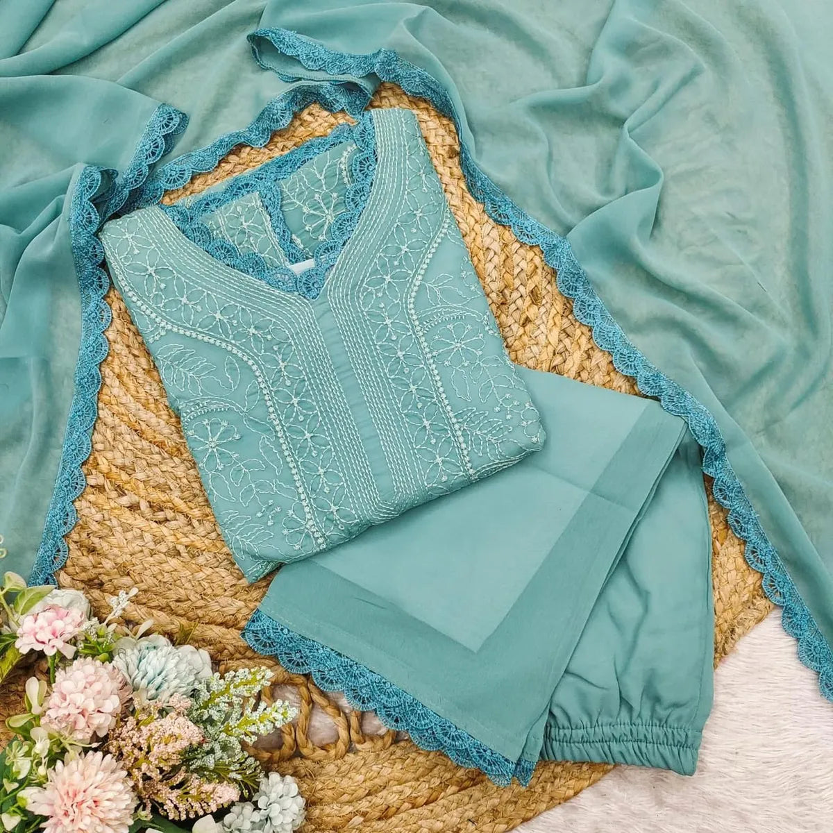 Pastel Teal Georgette Chikankari Embroidered Kurta Pant & Dupatta Set for Women | Elegant Ethnic Wear